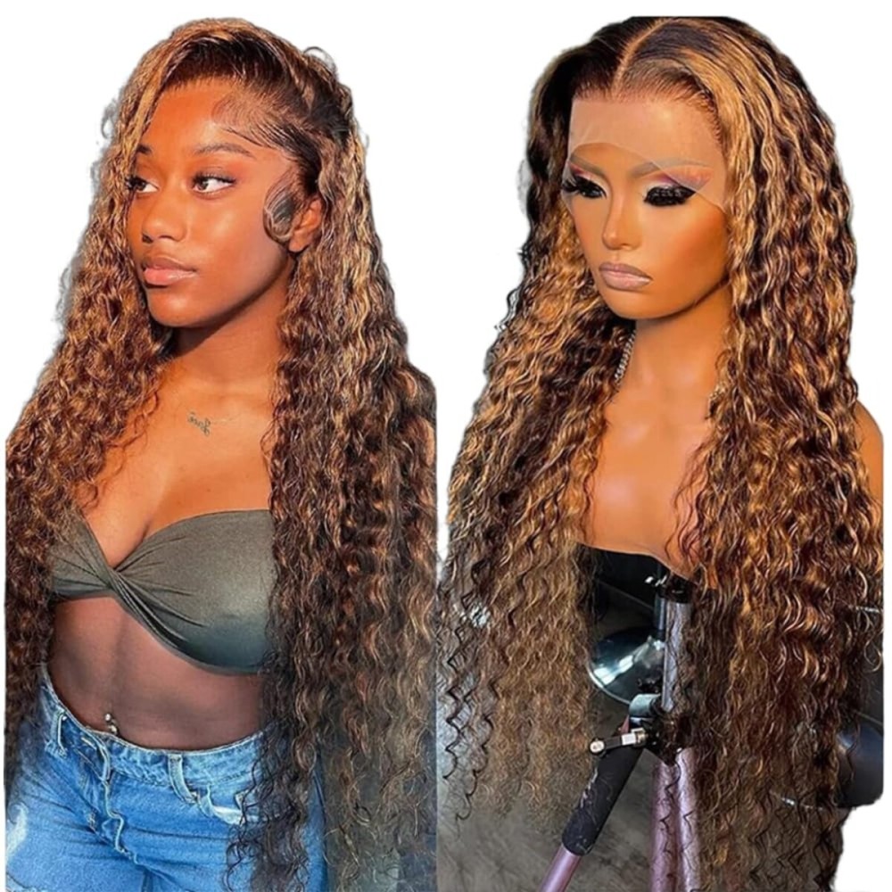 Chesma Honey Blonde Ombre Lace Front Wig - Human Hair 13x4 HD Highlight Deep Wave Lace Frontal Wigs - Glueless Wigs Pre Plucked with Baby Hair - 180 Density (34inch)