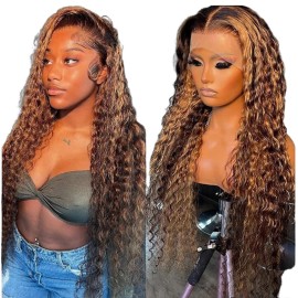Chesma Honey Blonde Ombre Lace Front Wig - Human Hair 13x4 HD Highlight Deep Wave Lace Frontal Wigs - Glueless Wigs Pre Plucked with Baby Hair - 180 Density (34inch)