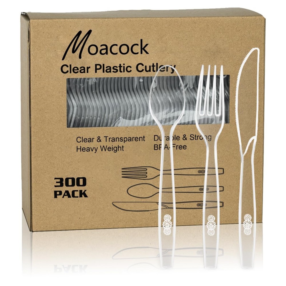 MOACOCK 300 Count Clear Plastic Silverware, Heavy Weight Plastic Forks Spoons Knives Disposable Utensils Cutlery Set for Wedding Party Supplies Everyday Use