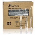 MOACOCK 300 Count Clear Plastic Silverware, Heavy Weight Plastic Forks Spoons Knives Disposable Utensils Cutlery Set for Wedding Party Supplies Everyday Use