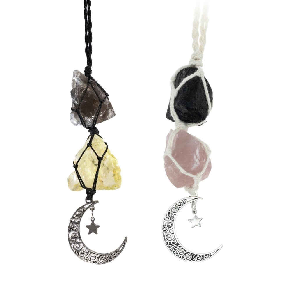 BOHO GARDEN Crystal Hanging Car Charm - Rear View Mirror Hanging Car Accessories for Women, Moon Decor Hanging Ornament - 2-Pack Black Tourmaline & Rose Quartz, Smoky Quartz & Citrine