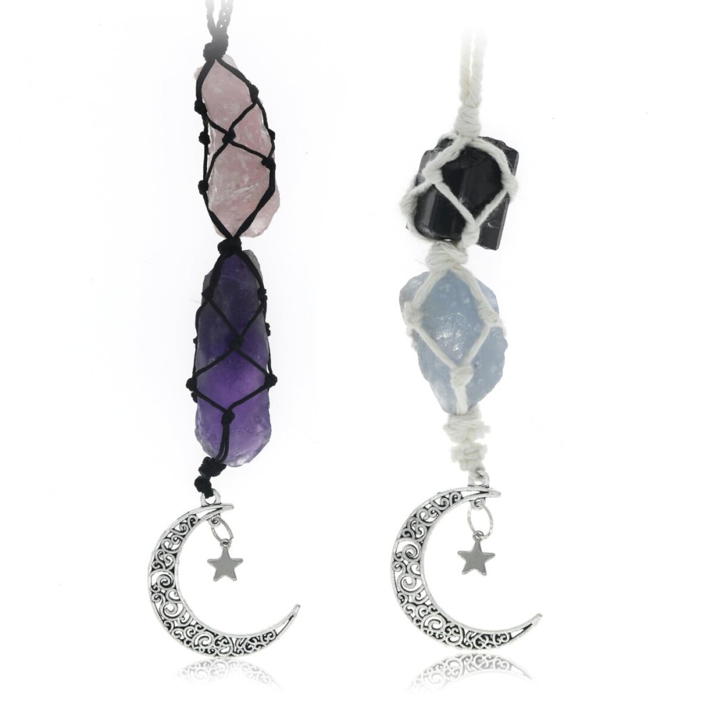BOHO GARDEN Hanging Car Charm - 2-Pack Rose Quartz & Amethyst + Black Tourmaline & Blue Calcite - Dangling Moon & Healing Crystal Accessories, Rearview Mirror Decorations - Protection, Energy