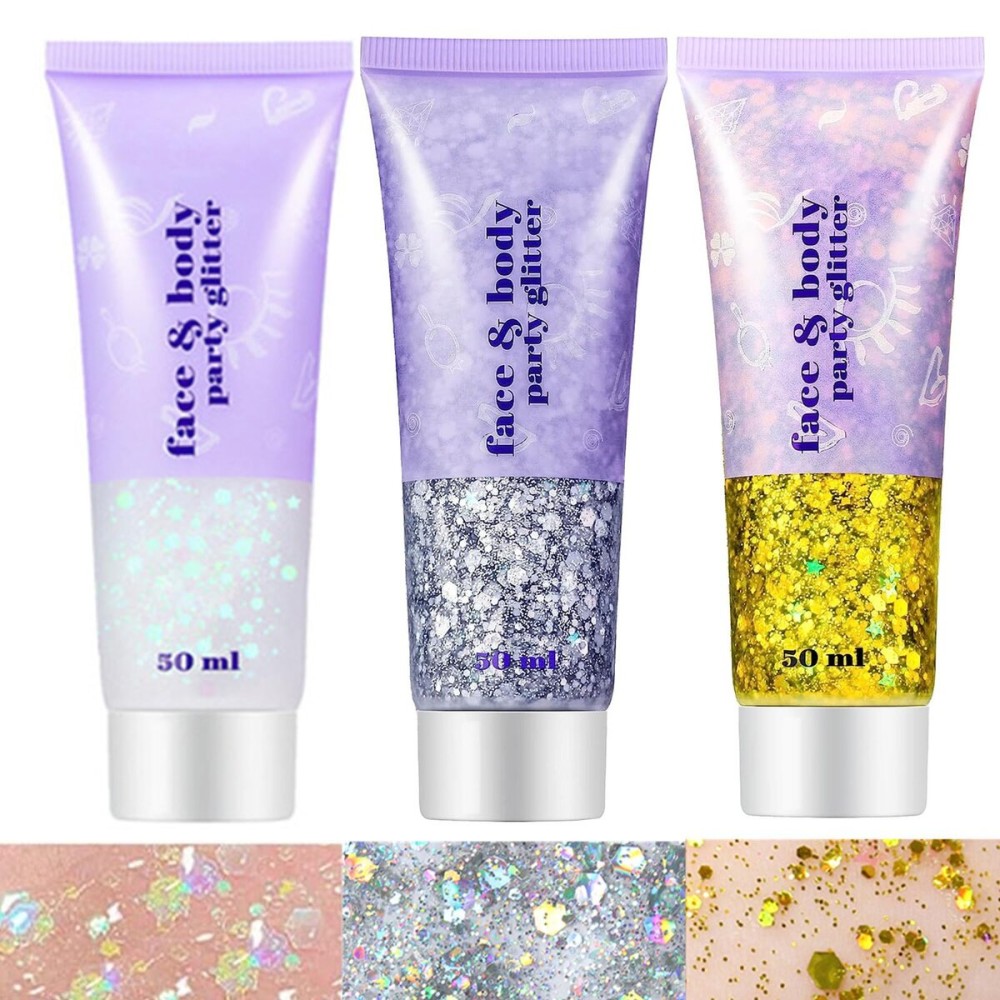 Go Ho White Silver and Gold Face Body Glitter Gel,Holographic Long Lasting Chunky Sequins Glitter Makeup for Singer Concerts,Parties,Performances,Stages,Festival Rave Accessories