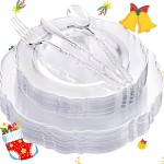 Liacere 150PCS Clear Silver Plastic Plates & Disposable Silver Plastic Silverware with Glitter Bamboo Handle Cutlery-Baroque Clear Disposable Plates for Wedding & Easter day & Mother\'s Day