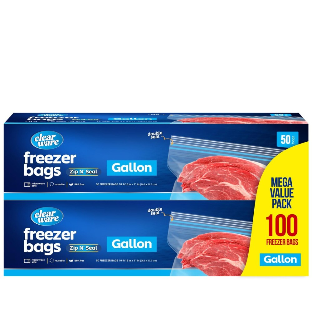 Gallon Freezer Bags, Double Zipper Seal - 100 Count, Thick Resealable Plastic storage Bags - Reusable Gallon Storage Bags for Food Storage, Meat, Vegetables, Fruit - Microwave-Safe, Zero BPA - 2 Boxes