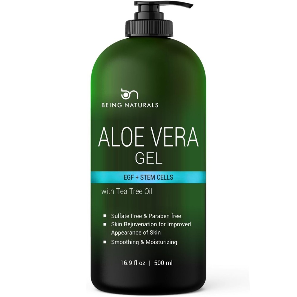 Being Naturals Aloe vera Gel - from 100% Pure Organic Aloe Infused with EGF, Stem Cell, Rosemary Oil - Natural Raw Moisturizer for Face, Body, Hair. Perfect for Sunburn, Acne, Razor Bumps 16.9 fl oz