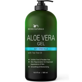 Being Naturals Aloe vera Gel - from 100% Pure Organic Aloe Infused with EGF, Stem Cell, Rosemary Oil - Natural Raw Moisturizer for Face, Body, Hair. Perfect for Sunburn, Acne, Razor Bumps 16.9 fl oz
