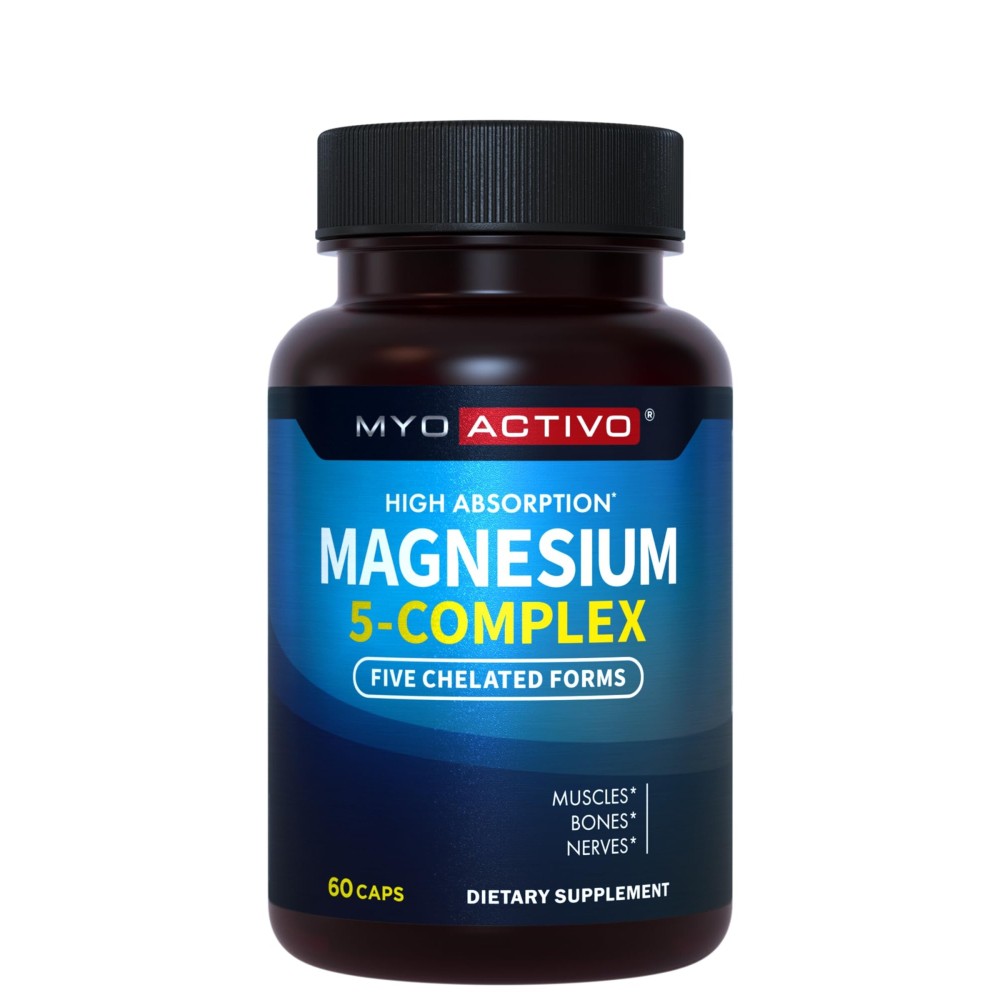 MyoActivo 5-in-1 Magnesium Complex - High Absorption - Chelated Magnesium Glycinate, Malate, Citrate, Taurate, & Aspartate for Nerves, Muscles, Bones | 60 Capsules | Magnesium Supplement