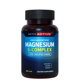 MyoActivo 5-in-1 Magnesium Complex - High Absorption - Chelated Magnesium Glycinate, Malate, Citrate, Taurate, & Aspartate for Nerves, Muscles, Bones | 60 Capsules | Magnesium Supplement