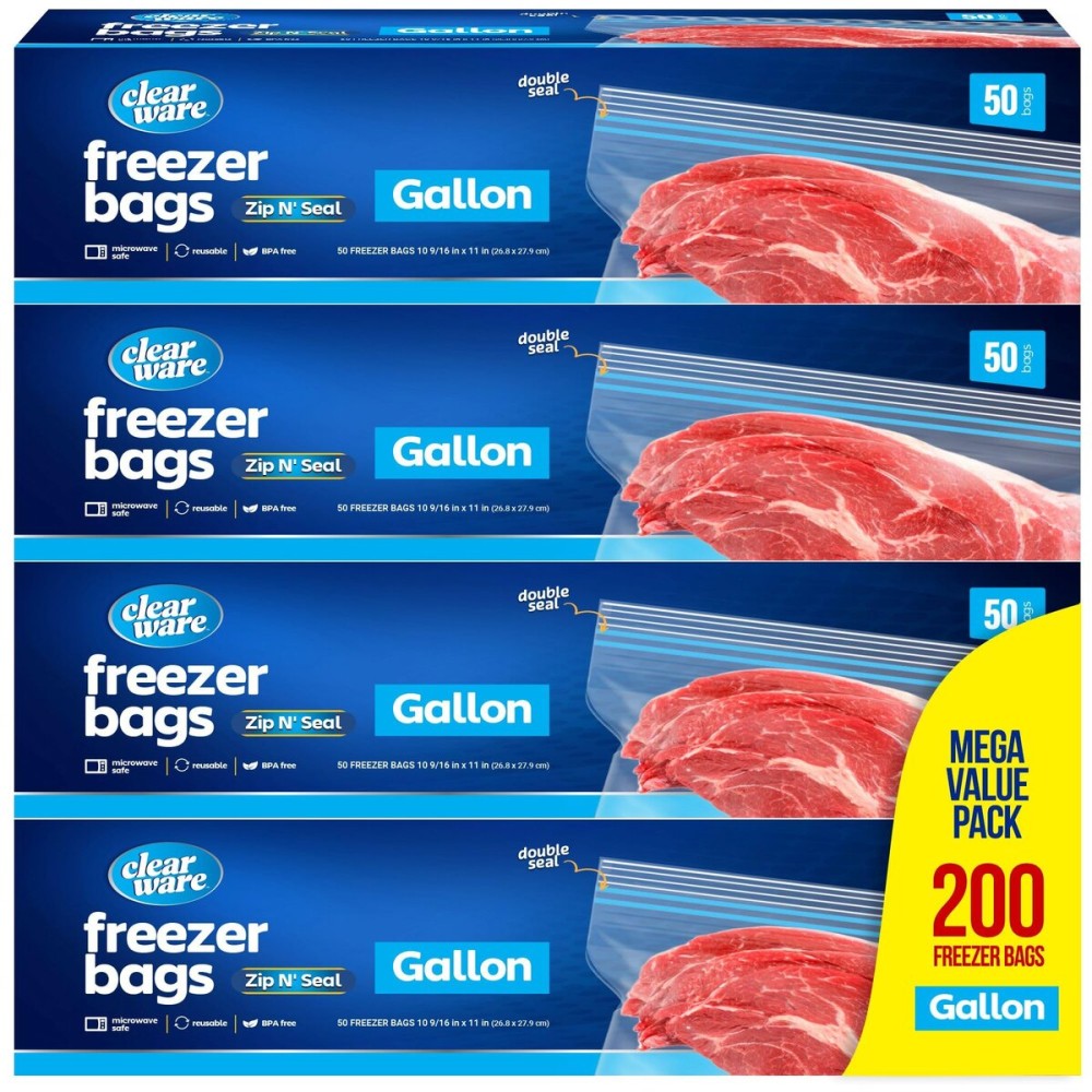 Gallon Freezer Bags, Double Zipper Seal - 200 Count, (4 Packs of 50) Thick Plastic Storage Bags - Reusable Gallon Storage Bags for Food Storage, Meat, Vegetables, Fruit - Microwave-Safe, BPA Free