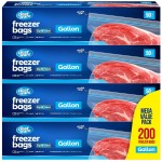 Gallon Freezer Bags, Double Zipper Seal - 200 Count, (4 Packs of 50) Thick Plastic Storage Bags - Reusable Gallon Storage Bags for Food Storage, Meat, Vegetables, Fruit - Microwave-Safe, BPA Free