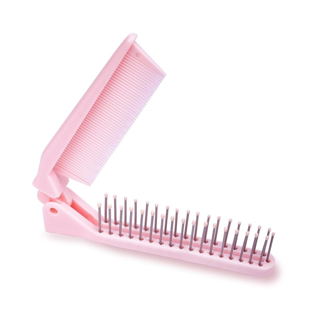 RHOS Portable Travel Mini Hair Brush - Compact Foldable Double-Headed Detangling Comb for Purse, Bags - Pocket-Size for Women and Girls (Pink)