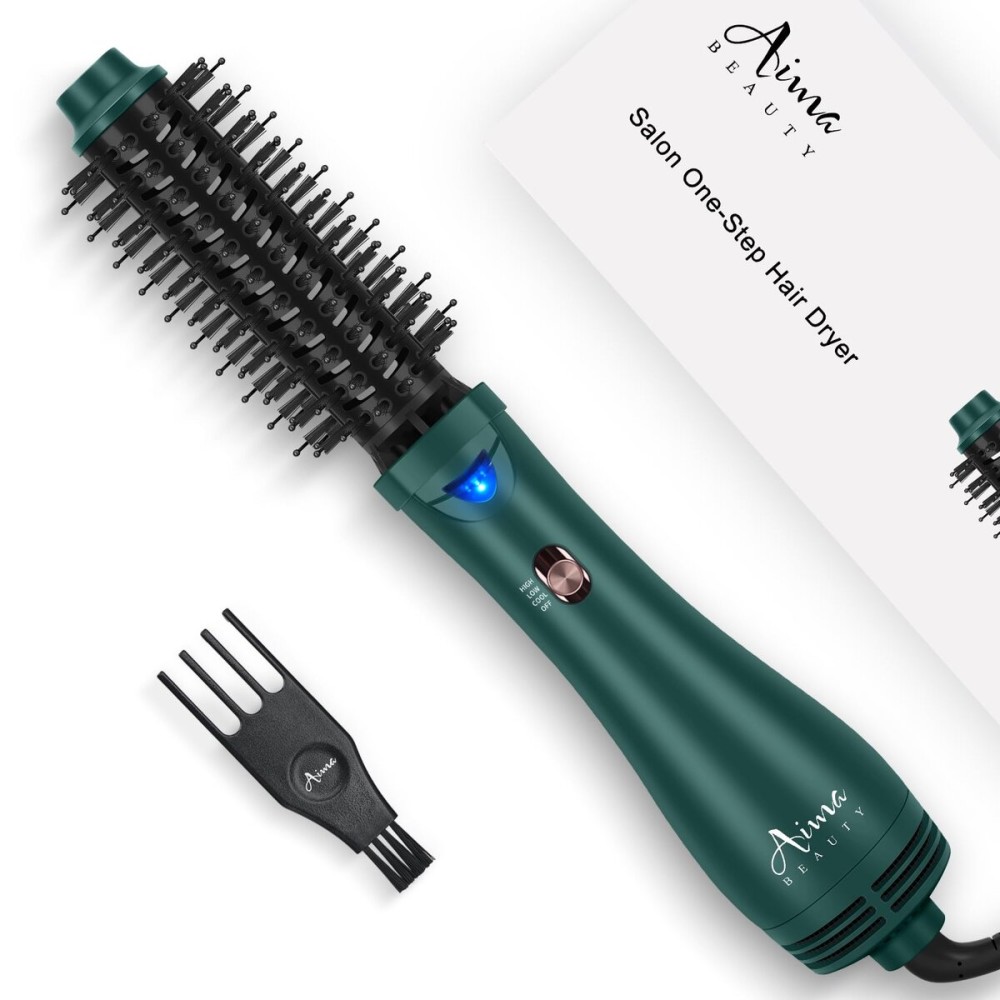 Aima Beauty Hair Dryer Brush, One Step Hair Dryer & Volumizing Hot Air Brush, 3 Heat/Speed Settings, Advanced Ionic Technology, Ceramic Coating, Nylon Pins & Tufted Bristles, Dark Green, 1000W, 125V