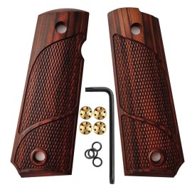 Cool Hand 1911 Wood Grips, Grips Gold Screws Included, Full Size (Government/Commander), Checker Diamond Cut or w/Patriotic US Logo or Honey Comb Texture, Ambi Safety Cut (Brown3)