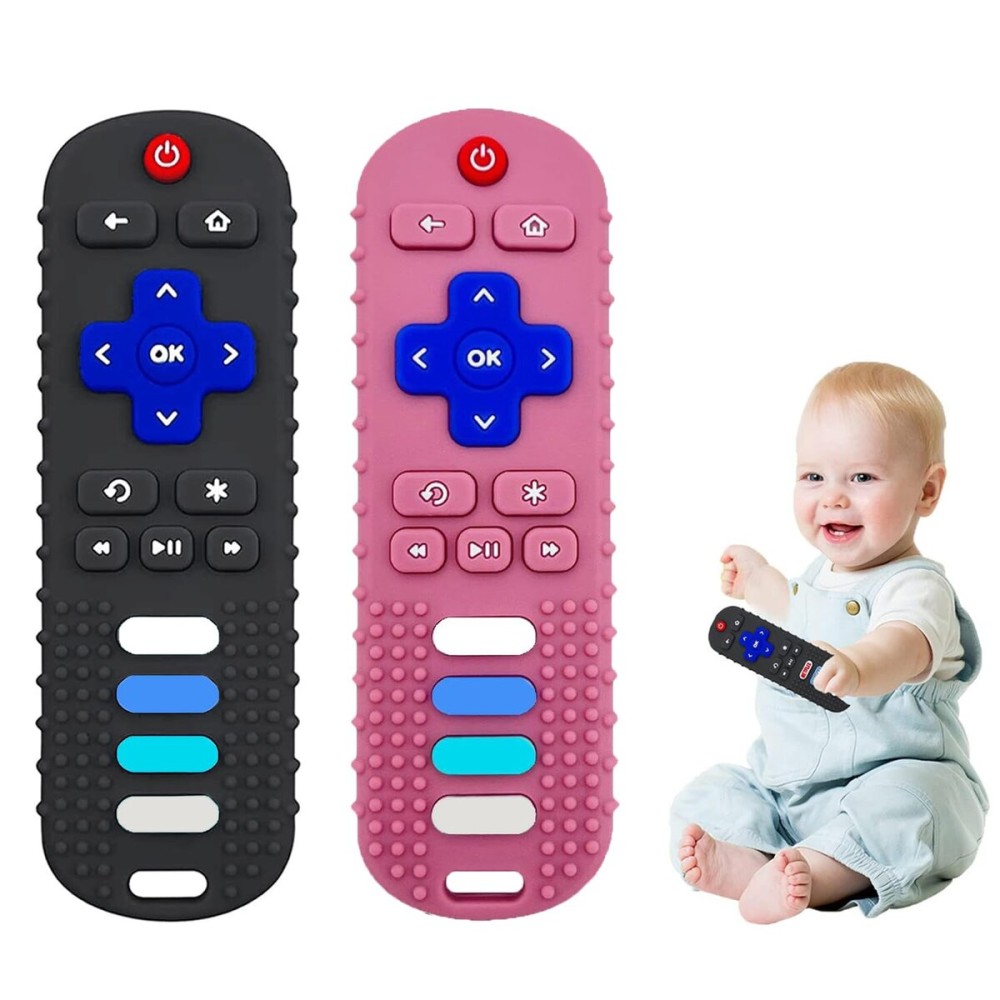 ERSIHUA 2-Pack Baby Teething Toys-TV Remote Control Shape Silicone Infants Teething Toys for Babies 0-18 Months,BPA-Free (Black+Pink)
