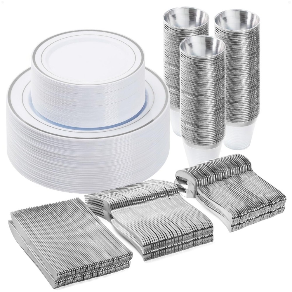 BESTVIP 300PCS Plastic Dinnerware Set (50 Guests), Silver Disposable Plates for Party, Wedding, Christmas, Anniversary, Includes: Dinner Plates, Dessert Plates, Cups, Spoons, Forks and Knives
