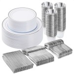 BESTVIP 300PCS Plastic Dinnerware Set (50 Guests), Silver Disposable Plates for Party, Wedding, Christmas, Anniversary, Includes: Dinner Plates, Dessert Plates, Cups, Spoons, Forks and Knives