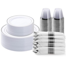 BESTVIP 175PCS Silver Plastic Dinnerware Set, Disposable Party Plates for 25 Guests, Include: 50 Plastic Plates, 25 Pre Rolled Napkins with Silver Silverware, 25 Cups for Christmas, Halloween