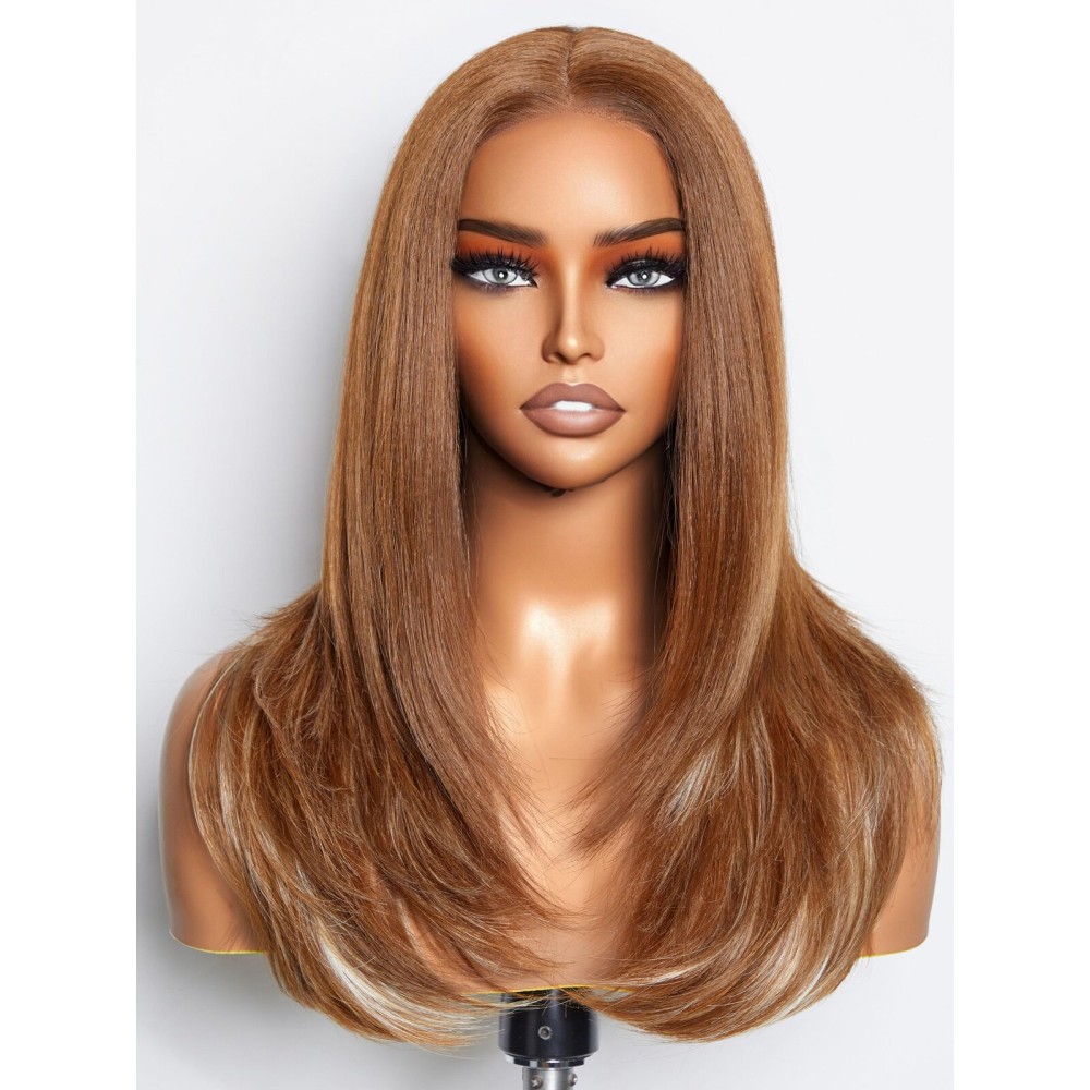 GORGIUS Ombre Brown Wig with Blonde Highlights Glueless Straight Wig Crafted With Style-Archive Technology: Premium Fiber & Remy Human Hair Blended with Natural Pre-Plucked Hairline