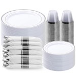 BESTVIP 350PCS Silver Plastic Dinnerware Set, Disposable Party Plates for 50 Guests, Include: 100 Plastic Plates, 50 Pre Rolled Napkins with Silver Silverware, 50 Cups
