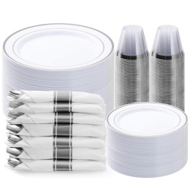 BESTVIP 350PCS Silver Plastic Dinnerware Set, Disposable Party Plates for 50 Guests, Include: 100 Plastic Plates, 50 Pre Rolled Napkins with Silver Silverware, 50 Cups