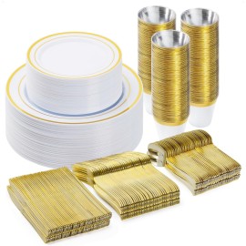 BESTVIP 300PCS Plastic Dinnerware Set (50 Guests), Gold Disposable Plates for Party, Wedding, Christmas, Anniversary, Includes: Dinner Plates, Dessert Plates, Cups, Spoons, Forks and Knives