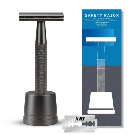 Double Edge Safety Razor with Stand, Single Blade Razors for Men and Women, with 10 Stainless Steel Double Edge Blades, Smooth and Close Shave, Plastic Free, Matte Gun Black
