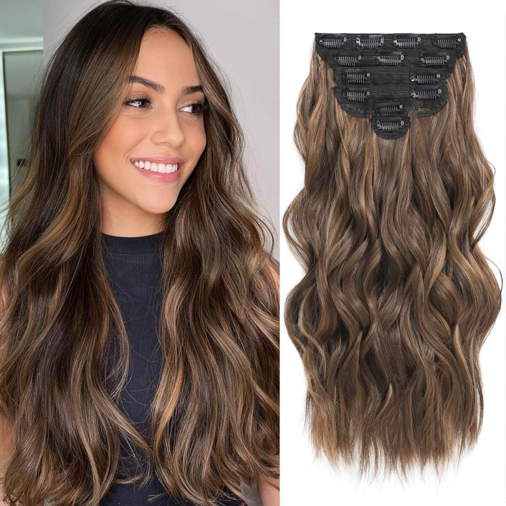Fliace Clip in Long Wavy Synthetic Hair Extensions 20 Inch Brown with Caramel Highlights 6PCS Thick Hairpieces Fiber Double Weft Hair for Women