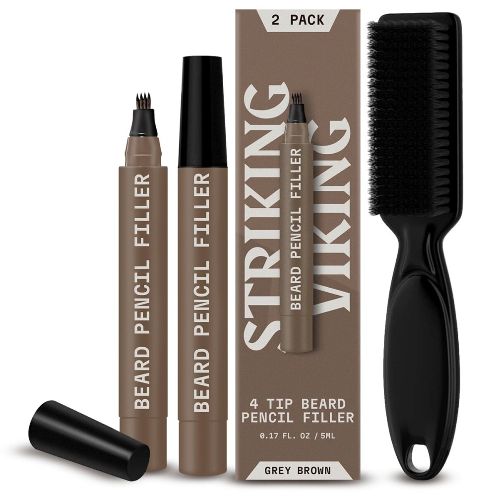 Striking Viking 2 Pack Beard Pencil Filler for Men, Grey Brown (Grey) - Contour, Fill, & Define Your Beard with 3rd Generation Long Lasting Waterproof Beard Pen Kit Including Brush