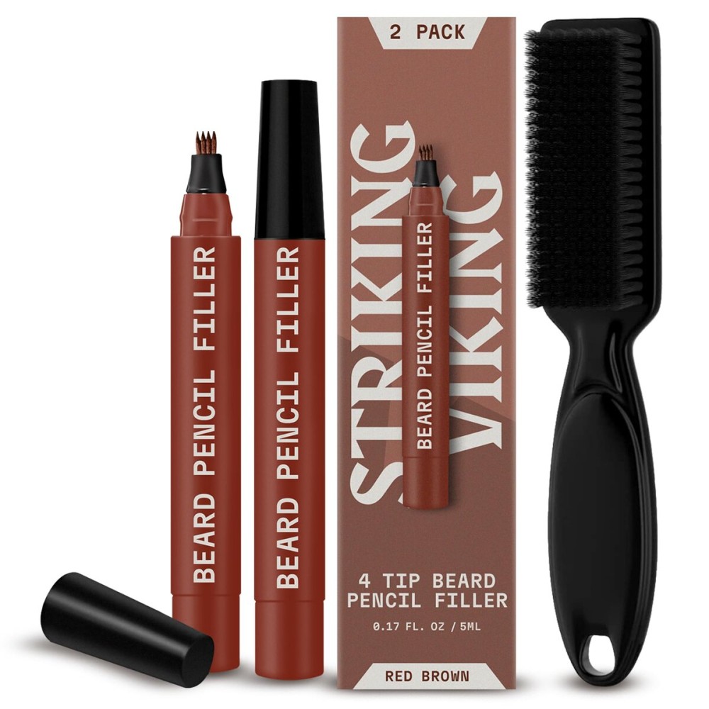 Striking Viking Beard Pencil Filler - Pack of 2, 0.09 fl oz, Red Brown - Precision Gap Filling & Beard Filler Pen - Waterproof, Long Lasting Wear - Quick & Easy Outline with Enhancement Pencil