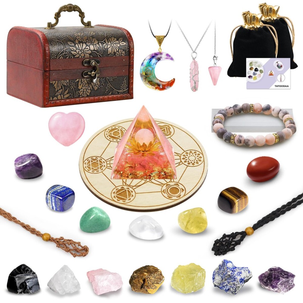 28 Pcs Healing Crystals and Stones, Chakra Crystal Set, 7 Chakra Stones Crystals Kit Pyramid Natural Real Raw Selenite Reiki Mditation for Beginners with Wooden Box, Crystal Gifts for Women