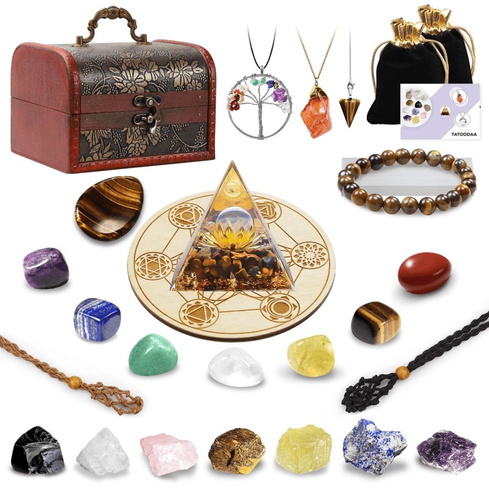28 Pcs Healing Crystals and Stones,Chakra Crystal Set,7 Raw Chakra Crystals Stones Kit Pyramid Natural Selenite Reiki Real Crystal Stones with Wooden Box,Gifts for Crystal Beginners