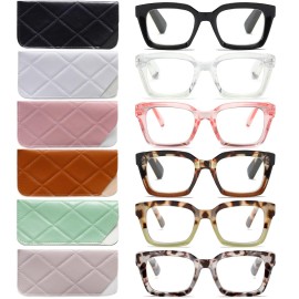 6 Pack Readers for Women Oprah Style Square Reading Glasses with Spring Hinge Blue Light Blocking for Men Ladies 6A +2.0