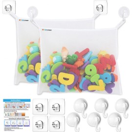 2 x Bath Toy Net, Kids Bath Tub Toy Holder Basket, Corner Mesh Bag, Baby Bathtub Storage Organizer, Large Bathroom Bucket, Toddler Shower Caddy Hanging Bin with 6 Suction Cups, 4 Adhesive Wall Hooks