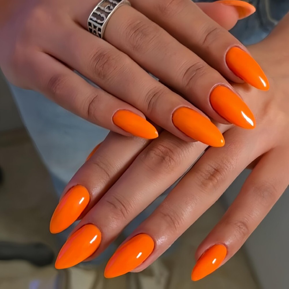 Orange Press on Nails Medium Stiletto Almond,KQueenest Glossy Acrylic Nails Kit Reusable Fake Nails Feature Protective UV Coating for Women Nail Art Manicure in 24PCS