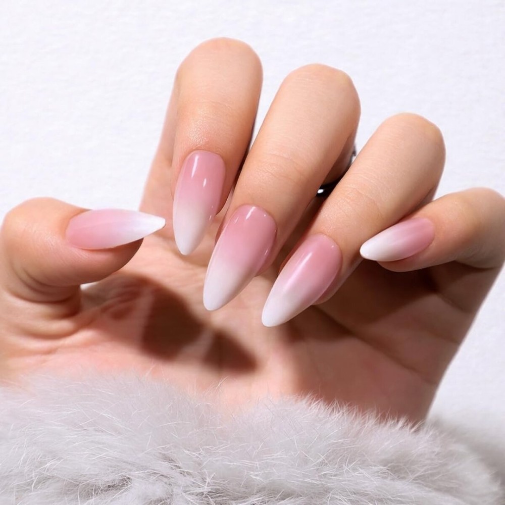 Ombre From Pearly White to Pink Press on Nails Medium Almond Fake Acrylic Nails Set,KQueenest Stiletto Glue on Nails Reusable Gel False Short almond Nails for Girls with UV Coating Manicure in 24 PCS