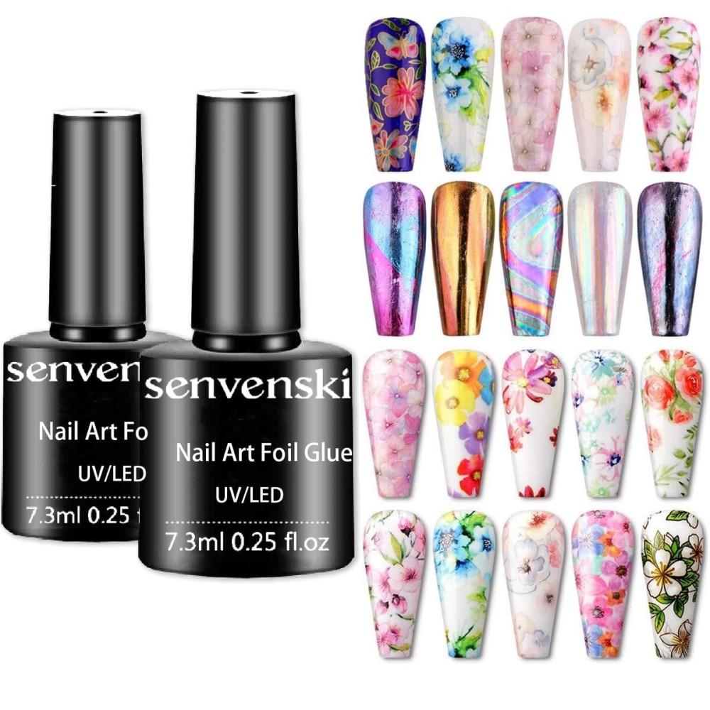 senvenski Nail Foil Glue Gel, 7.3ml x2 Tranfer Glue for Nails Art Stickers Foil Transfer Gel Soak Off DIY Manicure Kit Set UV LED (TB007)