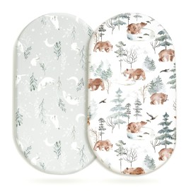 Stretchy Bassinet Mattress Sheets, Ultra Soft Bassinet Sheet 2 Pack, Universal Fitted for Oval Hourglass Rectangular Bassinet Mattress Pad Safe and Snug, Stylish Pattren of Bear and Wolf Print
