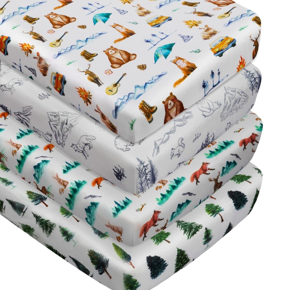 4 Pack Woodland Forest Animals Wood Neutral Unisex Fitted Baby Crib Sheets Set for Baby Boys or Girls Forest