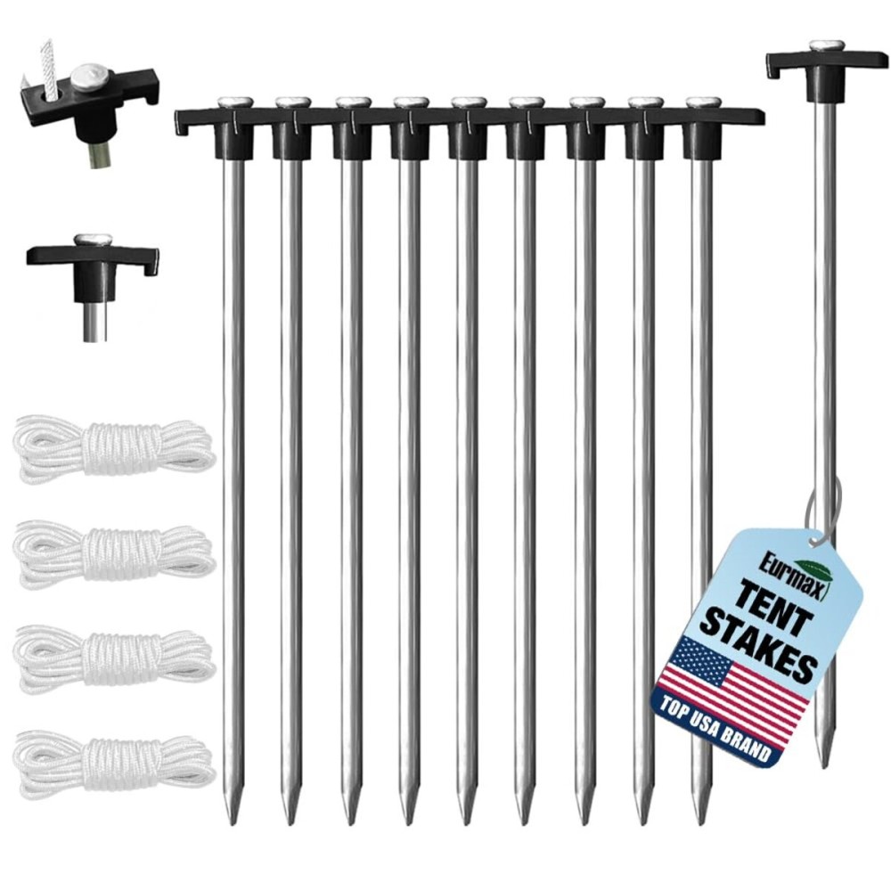 Eurmax USA Galvanized Non-Rust Camping Family Tent Pop Up Tent Stakes Canopy Anchors Heavy Duty 10pc-Pack, with 4x10ft Ropes & 1 Stopper(Black)