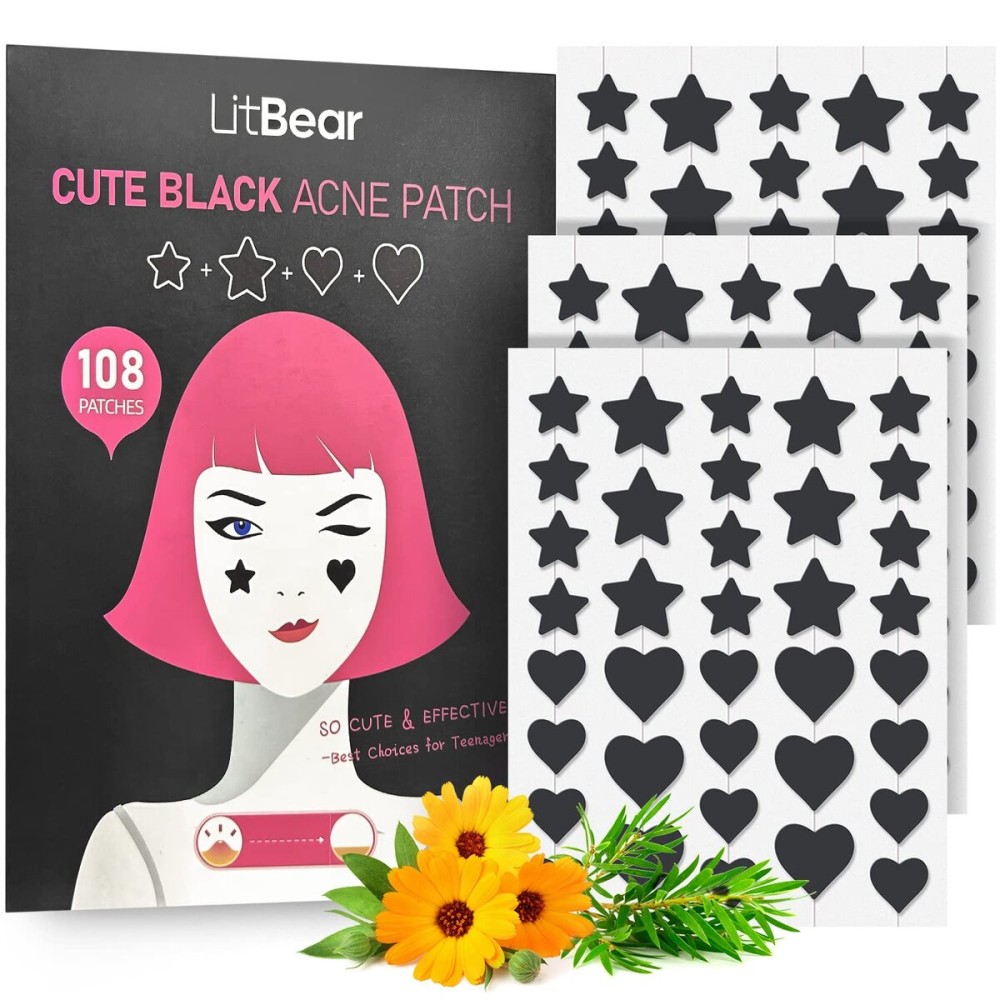 LitBear Star Pimple Patches, Black & Pink Hydrocolloid Acne Patch with Tea Tree Oil & Centella, Cute Pimple Stickers Zits Patch For Face Blemished Spot Patch Acne Dots, 112 Patches, 14mm & 10mm