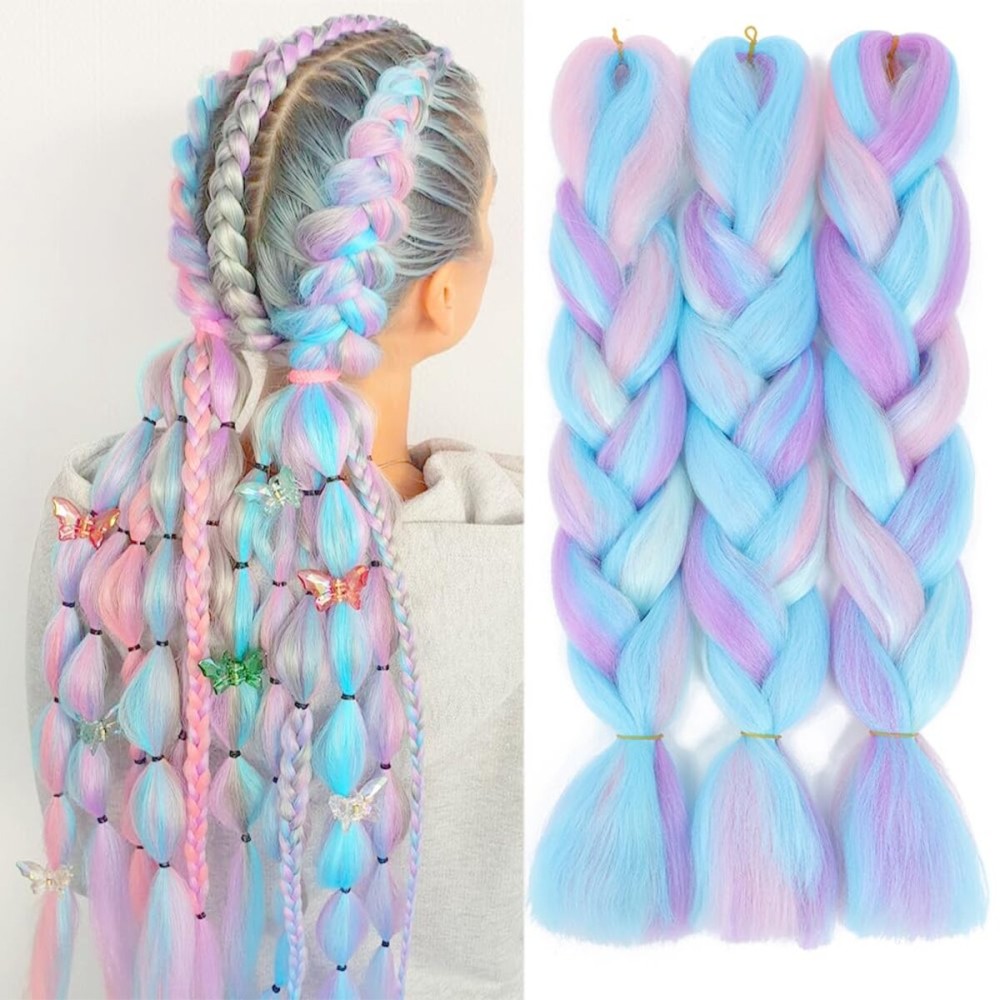 AFNOTE Rainbow Braiding Hair Extension 24 Inch 3 Packs Synthetic Profession Jumbo Braid in Hair Extensions 4 Tone Crochet Colored Hair Extensions for Braiding(Pink/Light Blue/Purple/Light Cyan)
