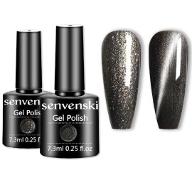 senvenski Black Grey Gel Nail Polish Kit, Grey Magnetic Cat Eye Gel Polish, UV/LED Soak Off Nail Art Set with Black Glitter Colors | Manicure Gift Kit for Women Salon Home Use (CS2-011)
