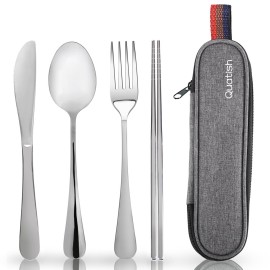 Travel Utensils with Case, Quatish Portable Silverware Set for Work, Stainless Steel Reusable Travel Cutlery Set, Fork and Spoon Set for Camping, EDC Gadgets, Lunch Box for Men, Silver