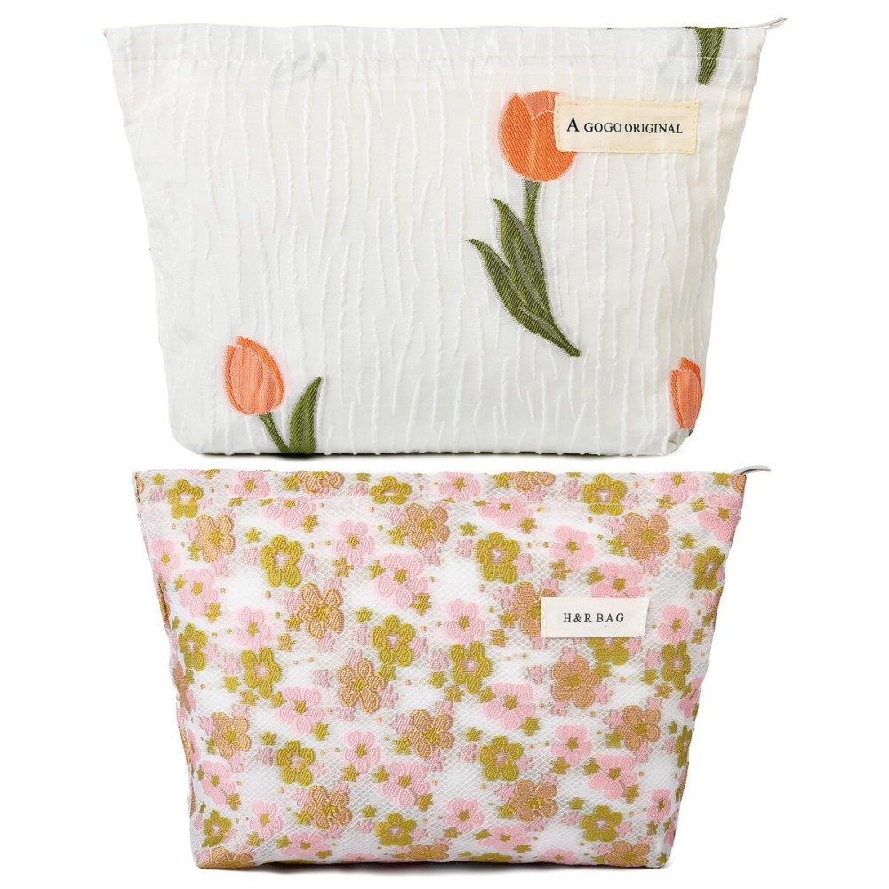 SOIDRAM 2 Pieces Flower Makeup Bag Large Floral Cosmetic Bag Capacity Canvas Travel Toiletry Bag Organizer Cute Makeup Brushes Aesthetic Accessories Storage Bag for Women, Embossed flower L White Pink
