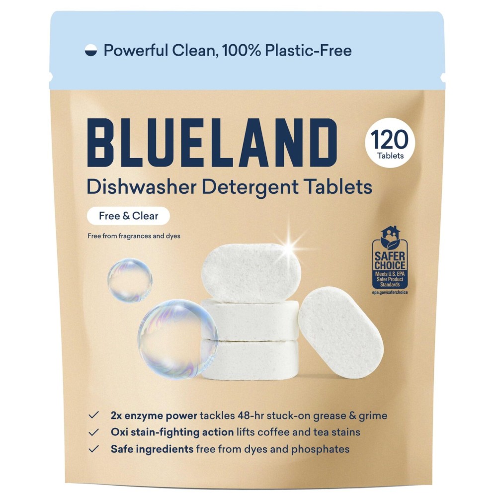 BLUELAND 100% Plastic-Free Dishwasher Detergent Tablets, 120 Count, Free & Clear, Eco-Friendly Dishwashing Pods, Natural, USDA Certified biobased