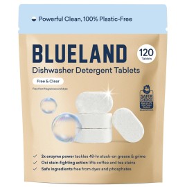 BLUELAND 100% Plastic-Free Dishwasher Detergent Tablets, 120 Count, Free & Clear, Eco-Friendly Dishwashing Pods, Natural, USDA Certified biobased