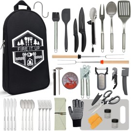 BOMKI Grilling and Camping Cooking Utensils Set for The Outdoors BBQ - Camping Utensil Set Kitchen Set Cookware Accessories Glamping Essentials Camp Stuff Camp Cooking Set (Black Pro)