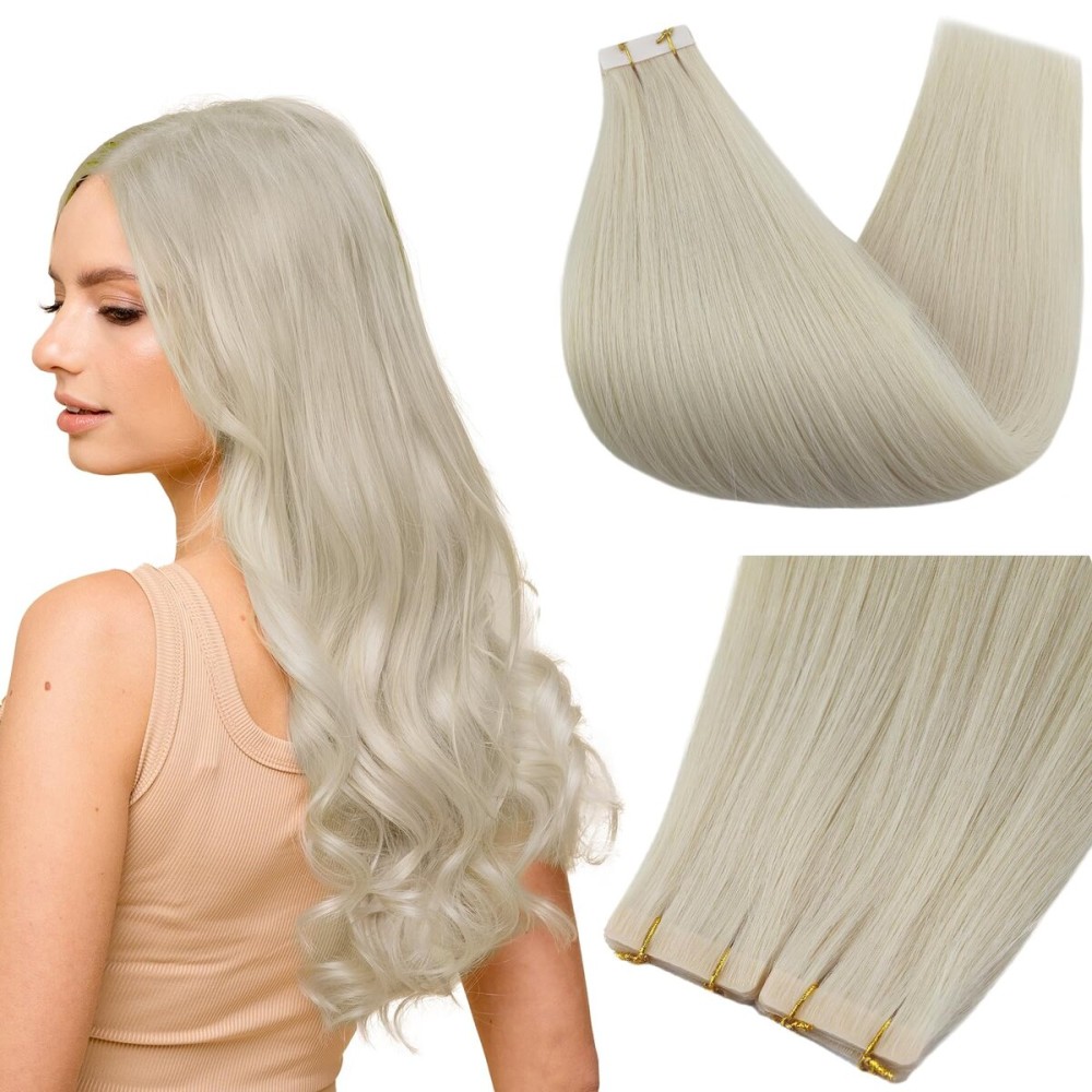 Full Shine Injected Tape in Hair Extensions Human Hair 5Pcs Color 1000 Blonde Intact Hair Extensions Tape in 20Inch Virgin Tapes in Extensions 12.5Gram Seamless Skin Weft Human Hair Straight