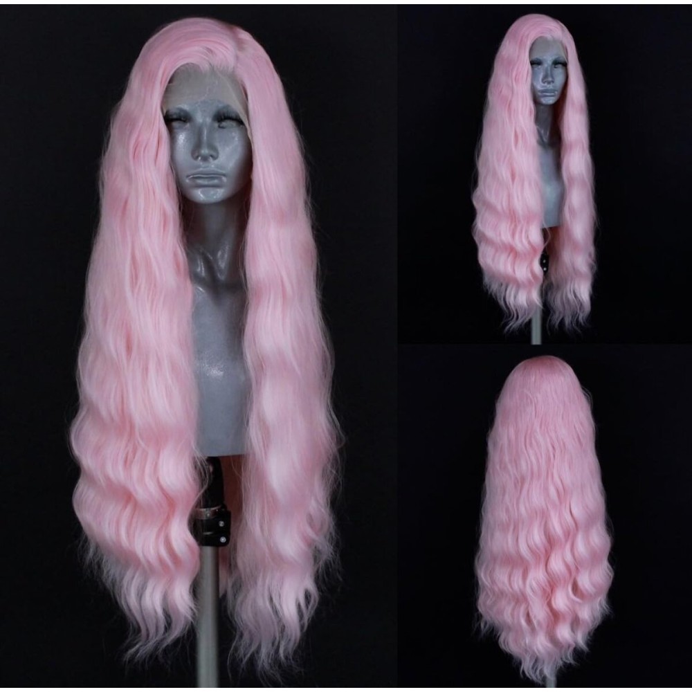 WXHWCX Pink Synthetic Lace Front Wigs Free Part Loose Wave Heat Resistant Natural Hairline Fiber Hair Glueless Lace Wigs for Women Cosplay Daily Party Wig